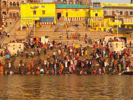 Varanasi Kedar Ghat at sunrise -- spiritual journey on the holy Ganges river